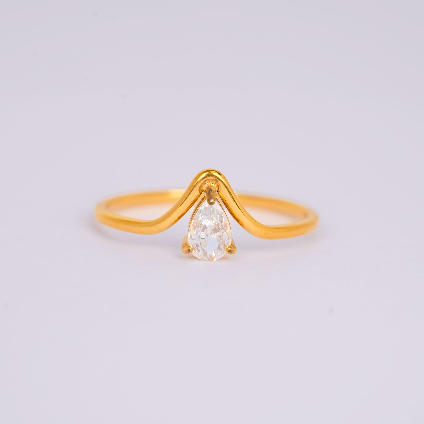 Gilded V-Pear Solitaire Ring – pear-cut V-prong solitaire ring in 18K gold plated finish for women-12