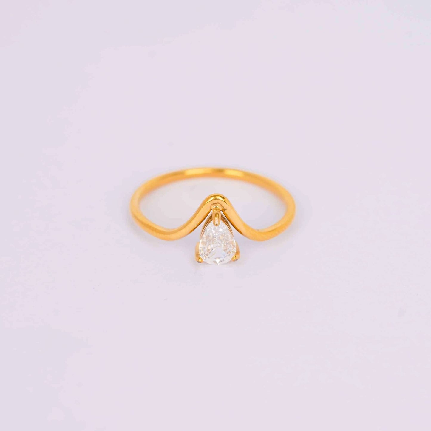 Gilded V-Pear Solitaire Ring – pear-cut V-prong solitaire ring in 18K gold plated finish for women-13