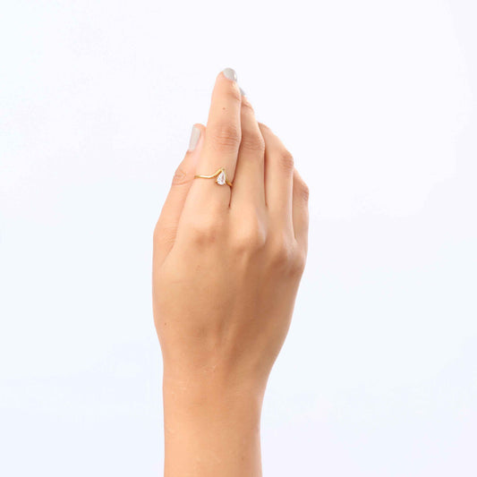 Gilded V-Pear Solitaire Ring – pear-cut V-prong solitaire ring in 18K gold plated finish for women-15