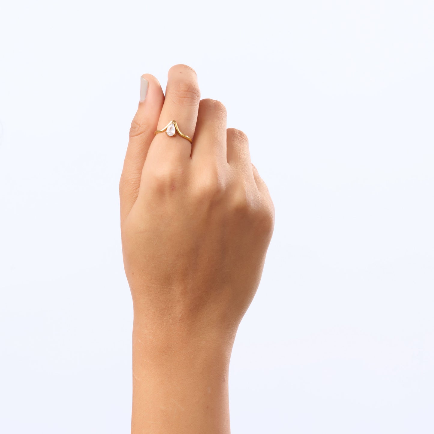 Gilded V-Pear Solitaire Ring – pear-cut V-prong solitaire ring in 18K gold plated finish for women-2