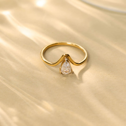 Gilded V-Pear Solitaire Ring – pear-cut V-prong solitaire ring in 18K gold plated finish for women-8