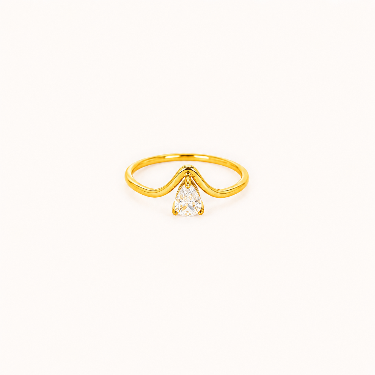Gilded V-Pear Solitaire Ring – pear-cut V-prong solitaire ring in 18K gold plated finish for women