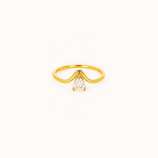 Gilded V-Pear Solitaire Ring – pear-cut V-prong solitaire ring in 18K gold plated finish for women