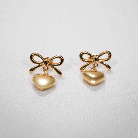 Gold Bow Knot & Heart Drop Earrings – bow knot and hanging heart drop earrings in 18K gold PVD for women-2