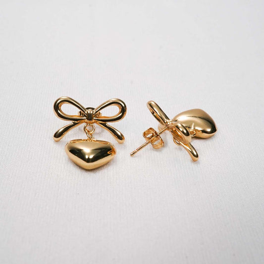 Gold Bow Knot & Heart Drop Earrings – bow knot and hanging heart drop earrings in 18K gold PVD for women-3