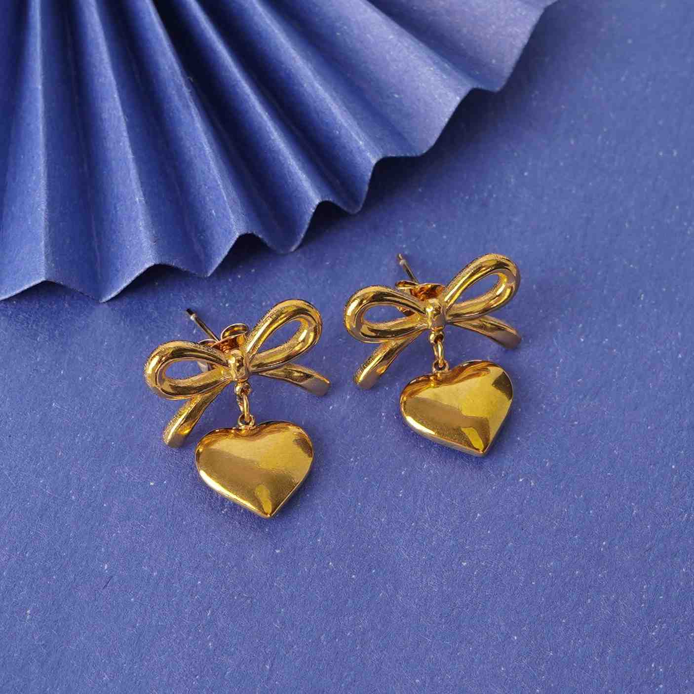 Gold Bow Knot & Heart Drop Earrings – bow knot and hanging heart drop earrings in 18K gold PVD for women-6