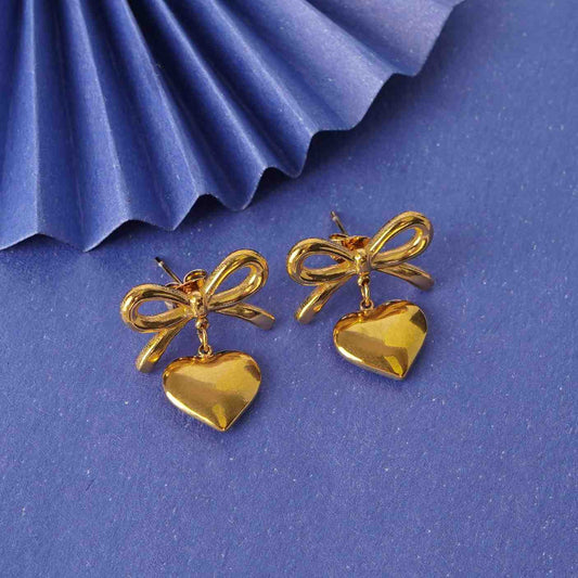 Gold Bow Knot & Heart Drop Earrings – bow knot and hanging heart drop earrings in 18K gold PVD for women-6
