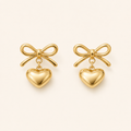 Gold Bow Knot & Heart Drop Earrings