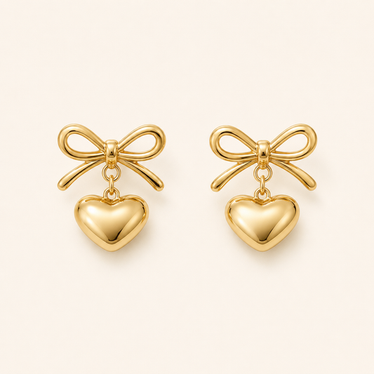Gold Bow Knot & Heart Drop Earrings – bow knot and hanging heart drop earrings in 18K gold PVD for women
