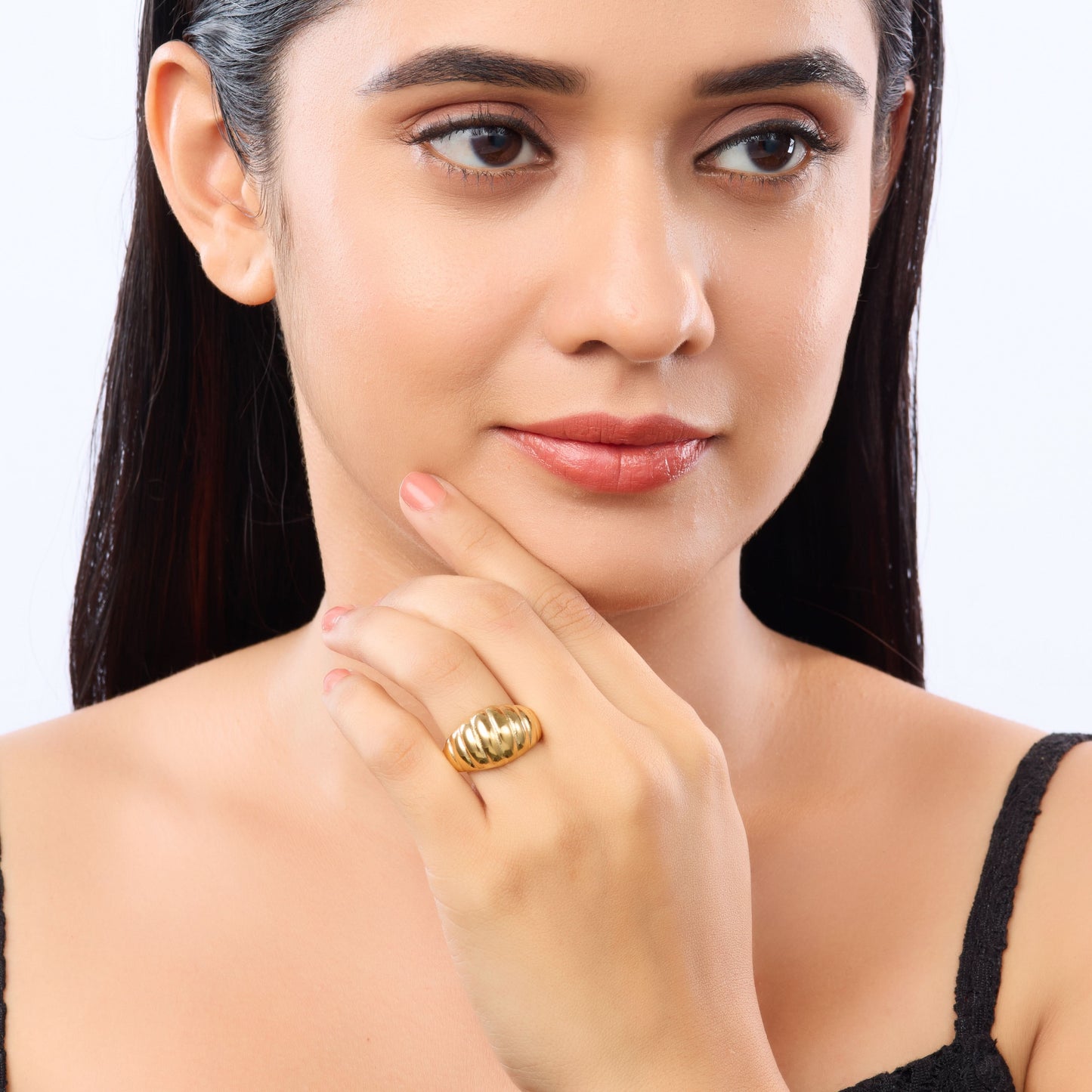 Gold Plated Ribbed Dome Statement Ring – chunky ribbed dome band ring in high-shine gold tone for women-4