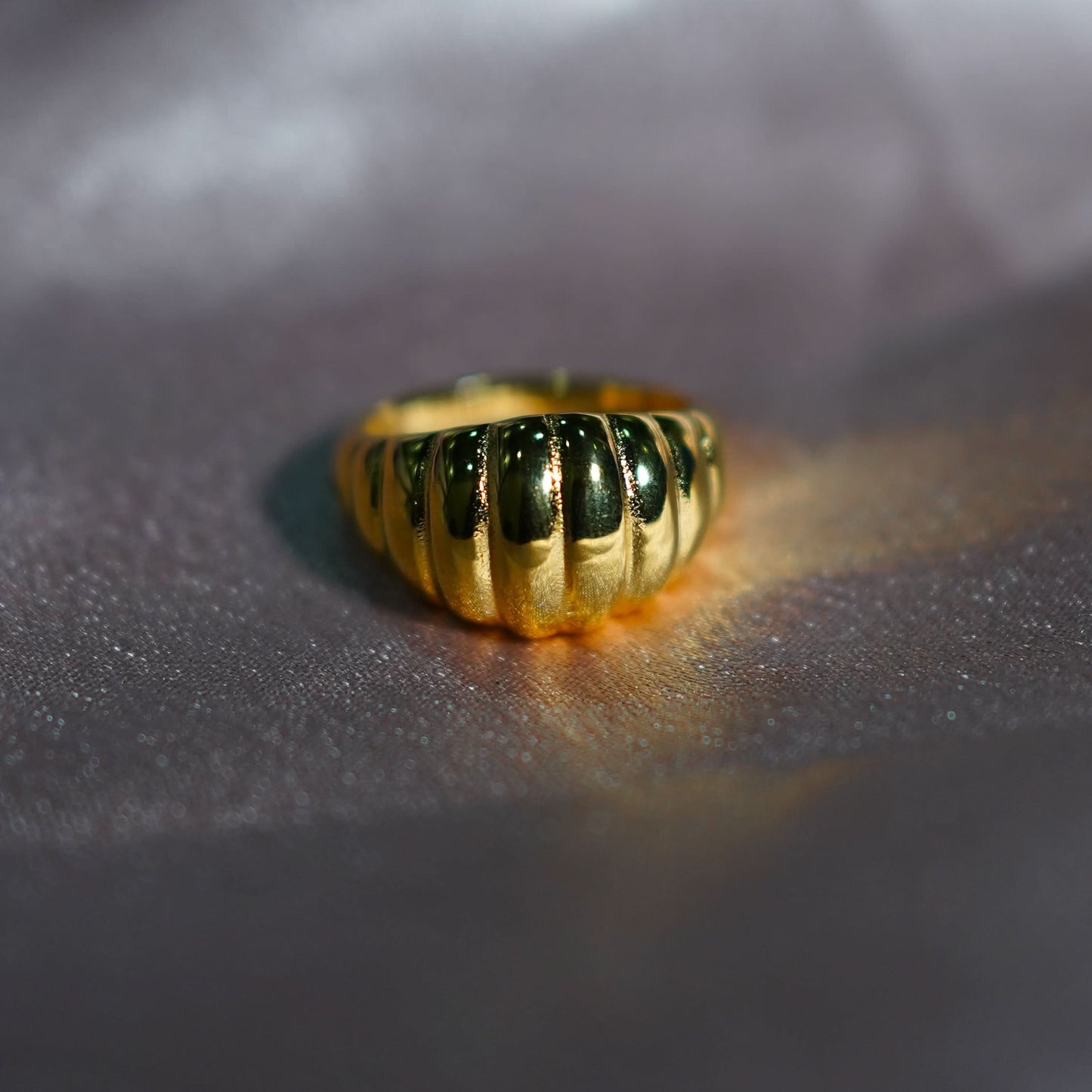 Gold Plated Ribbed Dome Statement Ring – chunky ribbed dome band ring in high-shine gold tone for women-5