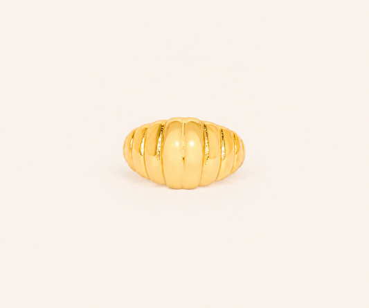Gold Plated Ribbed Dome Statement Ring – chunky ribbed dome band ring in high-shine gold tone for women