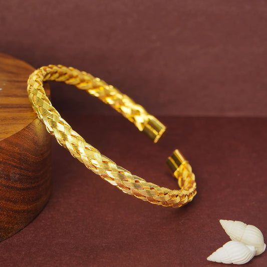 Gold Woven Cuff Bracelet – worn on wrist, open cuff woven gold bracelet