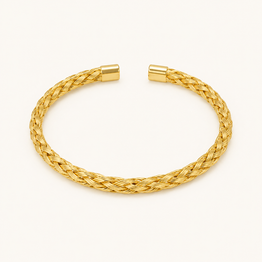 Gold Woven Cuff Bracelet – intricately woven texture open cuff bracelet in 18K gold plated finish for women