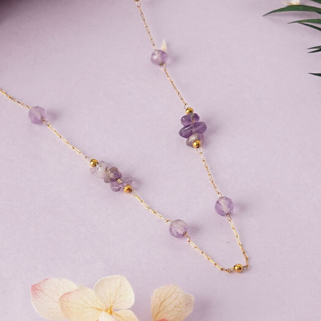 Golden Bloom Pastel Crystal Station Necklace – lifestyle shot styled for everyday wear
