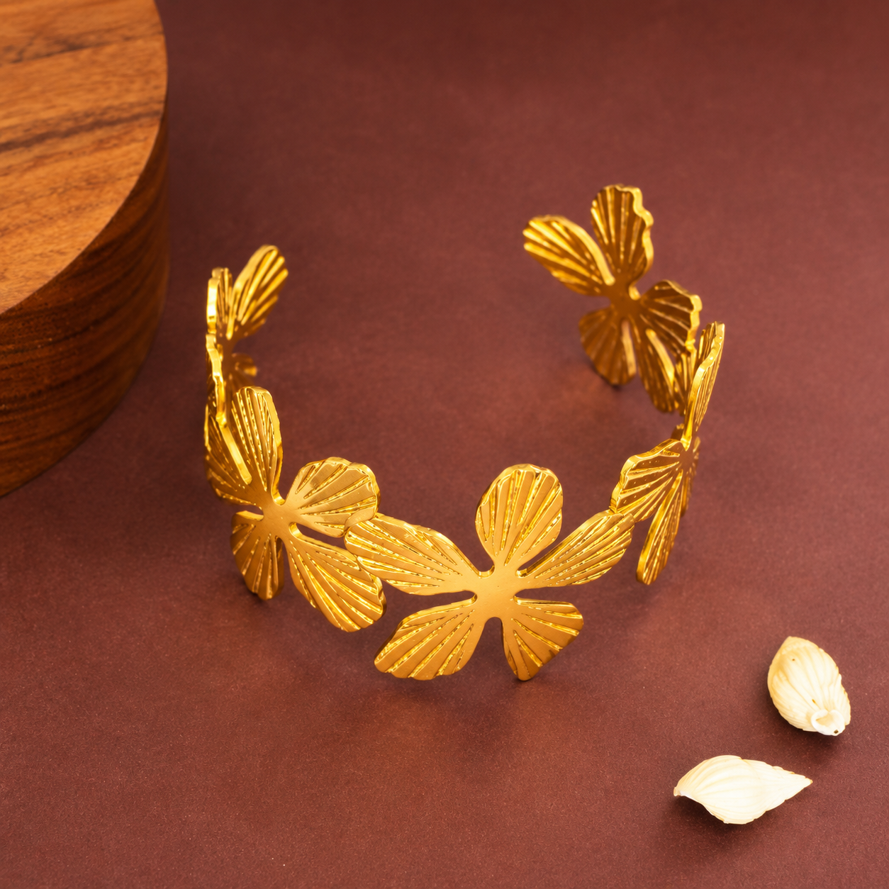 Golden Blossom Geometric Hammered Bangle – worn on wrist, geometric hammered gold bangle for everyday wear