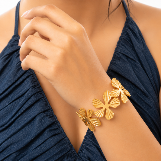 Golden Blossom Geometric Hammered Bangle – geometric flower hammered gold bangle, 18K gold plated finish