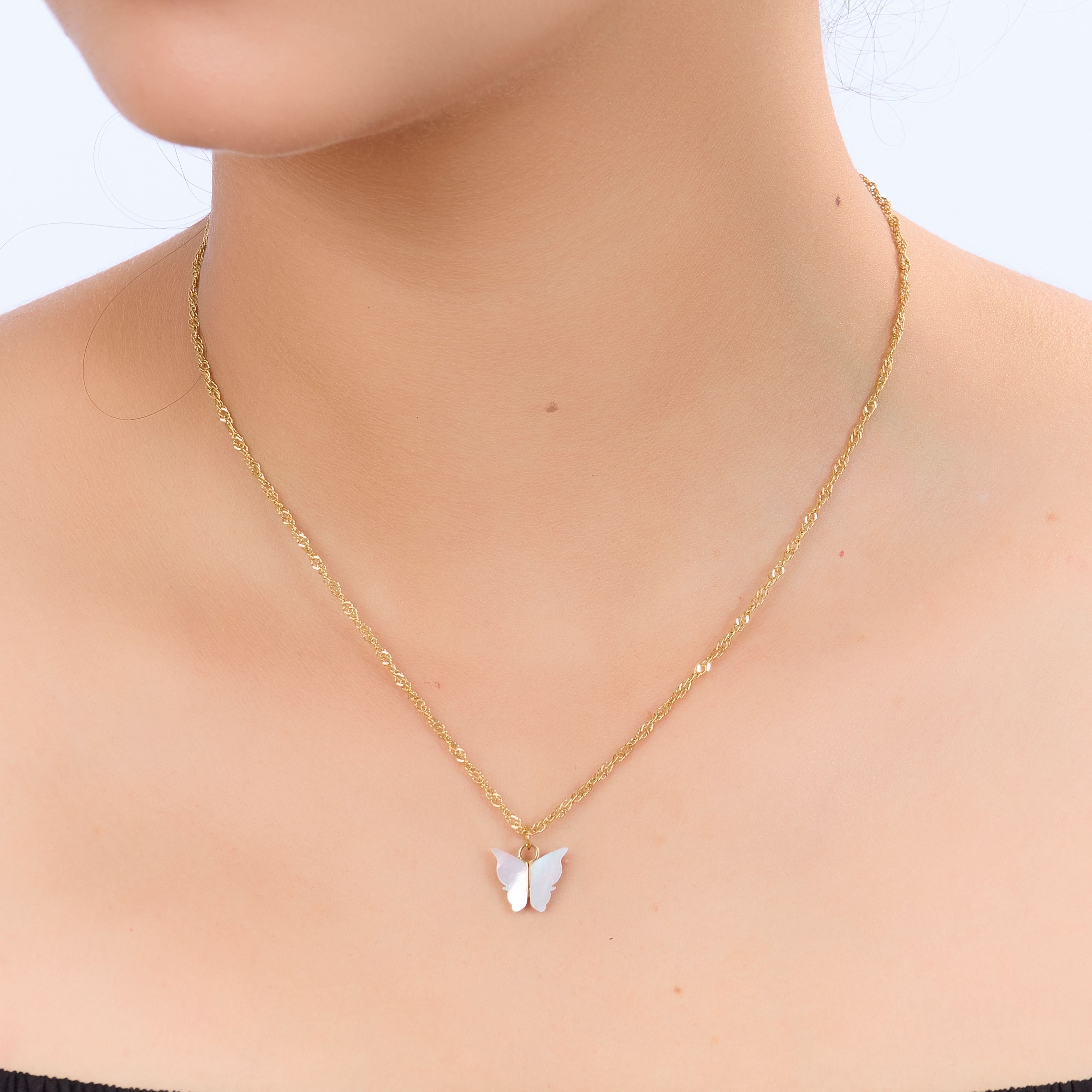 Golden Butterfly Shell Pendant Necklace – close-up of the natural shell inlay
