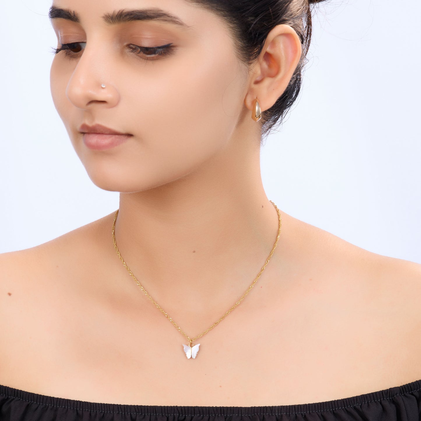 Golden Butterfly Shell Pendant Necklace – worn on neckline, natural shell butterfly necklace