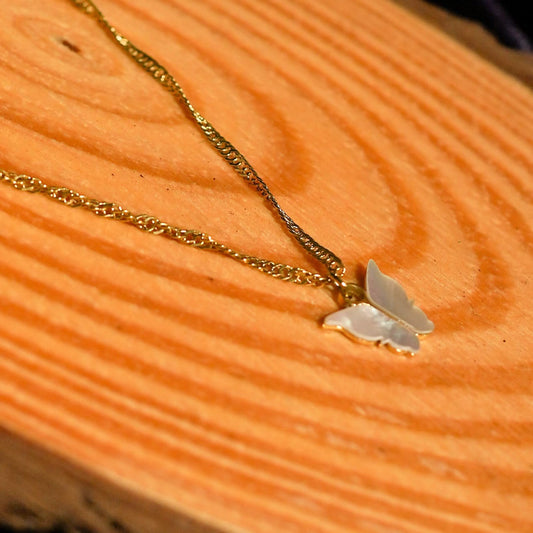 Golden Butterfly Shell Pendant Necklace – lifestyle shot styled for everyday wear