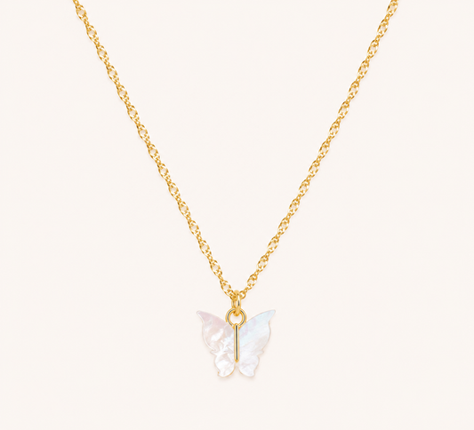 Golden Butterfly Shell Pendant Necklace – butterfly with natural shell inlay pendant necklace in 18K gold plated finish