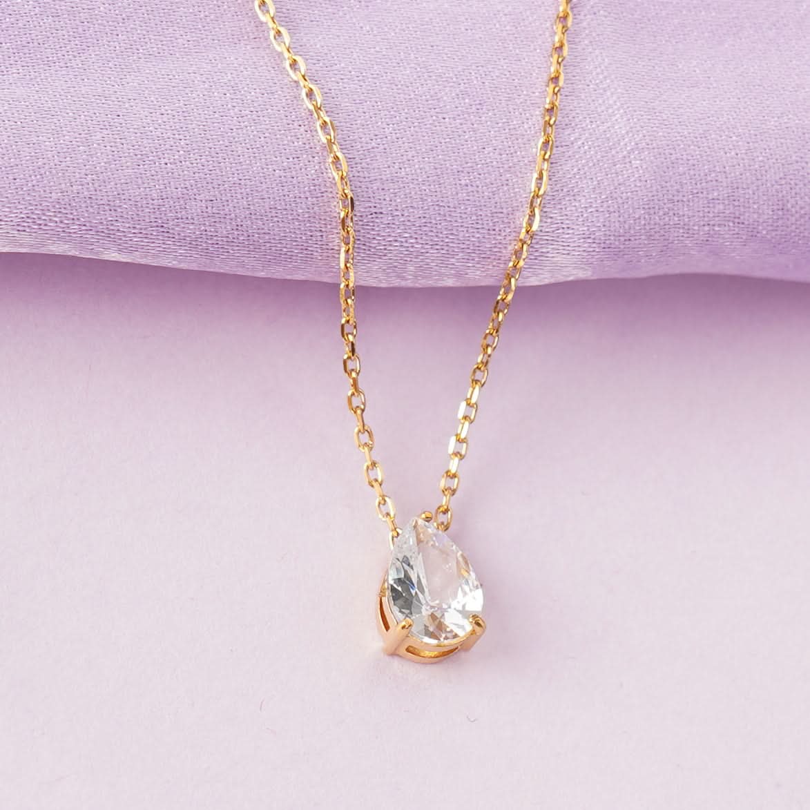 Golden Dewdrop Zircon Necklace – dewdrop-shaped zircon crystal pendant necklace in 18K gold plated finish for women-2