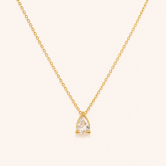 Golden Dewdrop Zircon Necklace – dewdrop-shaped zircon crystal pendant necklace in 18K gold plated finish for women
