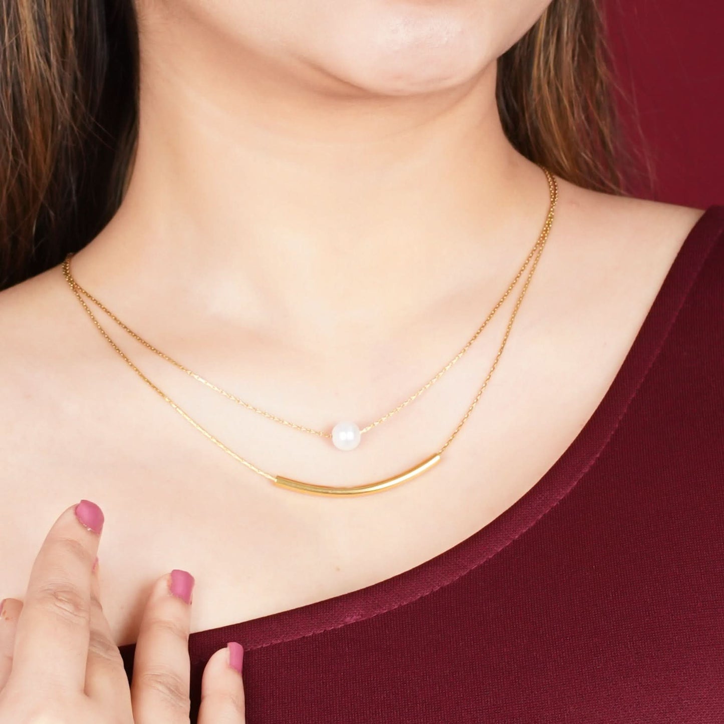 Pearl Station Double-Layer Chain Necklace – pearl-accented pre-layered gold chain necklace NK91-2