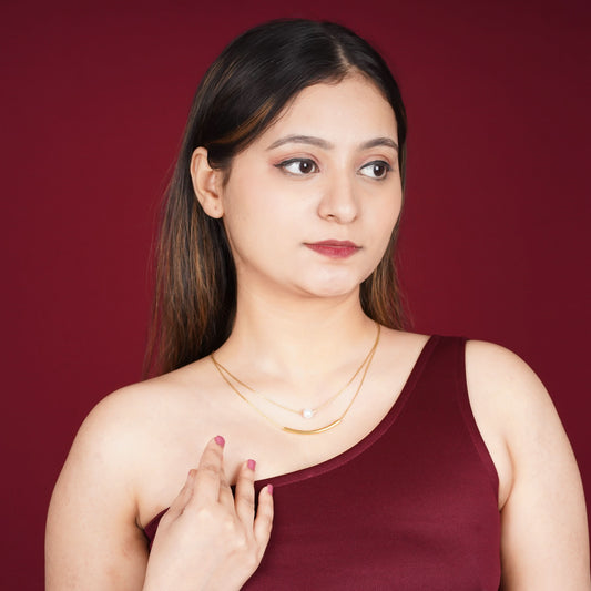 Pearl Station Double-Layer Chain Necklace – pearl-accented pre-layered gold chain necklace NK91-3