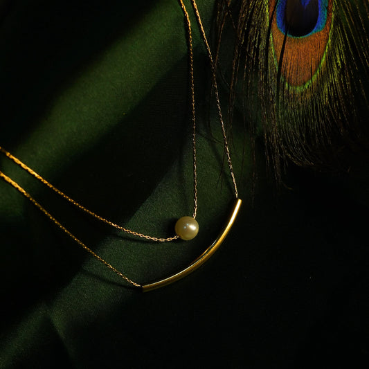 Pearl Station Double-Layer Chain Necklace – pearl-accented pre-layered gold chain necklace NK91-4