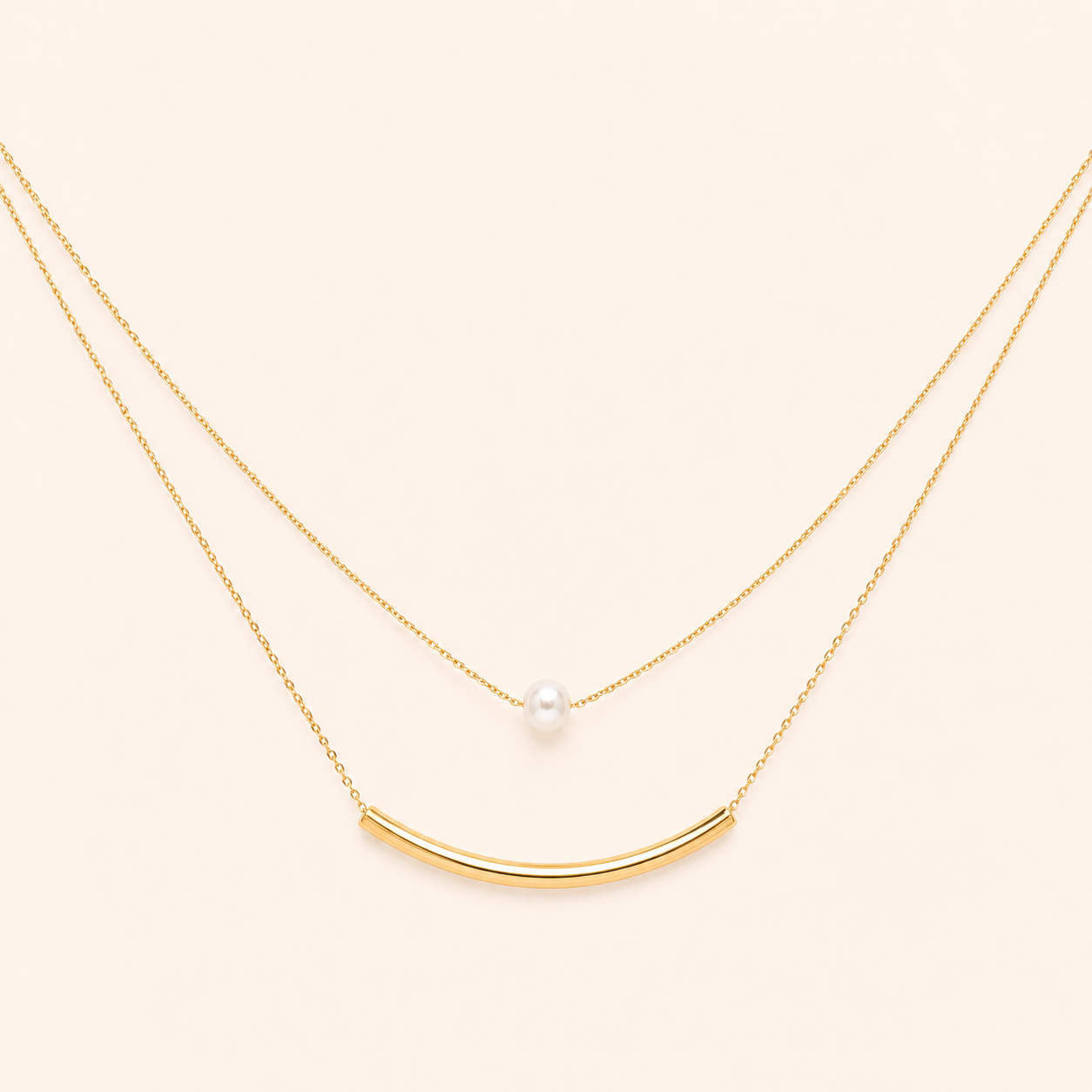 Pearl Station Double-Layer Chain Necklace – pearl-accented pre-layered gold chain necklace NK91