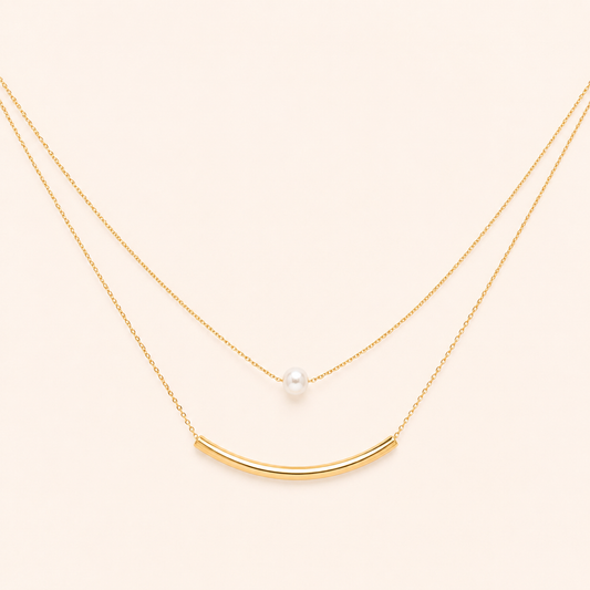 Pearl Station Double-Layer Chain Necklace – pearl-accented pre-layered gold chain necklace NK91