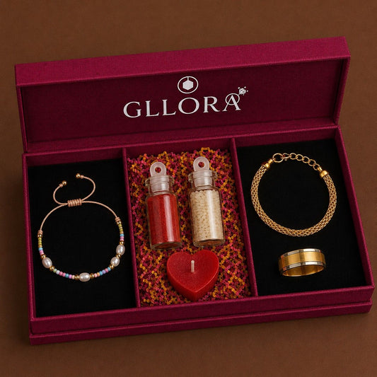 Pearl Rakhi With Gold Braided Bracelet And Gold Ring